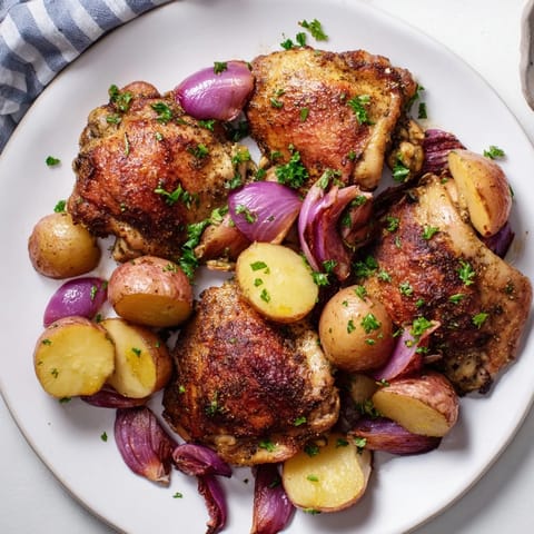 Sizzling Sheet Pan Zaatar Chicken and potatoes, showcasing perfectly roasted vegetables and succulent chicken thighs.