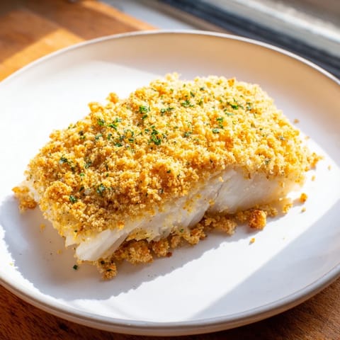 Buttery, golden brown baked cod with Ritz cracker topping, ready to serve with lemon wedges.