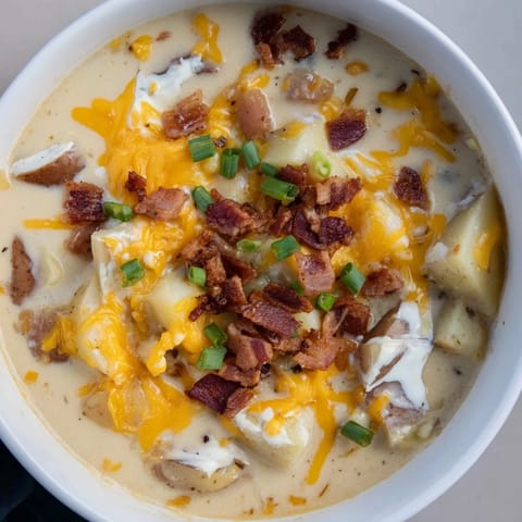 Warm, hearty Crockpot Loaded Baked Potato Soup, a perfect comforting meal for chilly evenings.