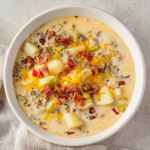 Creamy, cheesy Crockpot Cheeseburger Soup, topped with crispy bacon and fresh, diced tomatoes.