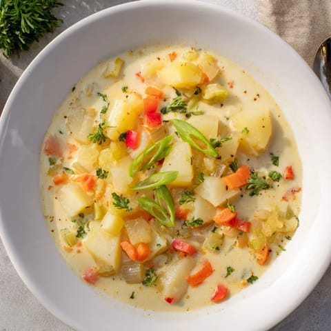 A steaming bowl of comforting Slow Cooker Cajun Potato Soup, perfectly seasoned with Cajun spices.