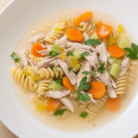 A close-up shot of a richly flavored Crockpot Chicken Noodle Soup topped with fresh parsley.