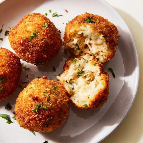 A close-up of perfectly fried Creamy Chicken & Rice Arancini Balls showing a delicious golden-brown crust.