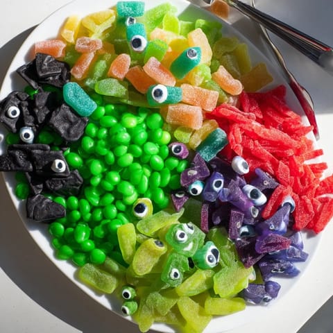 Vibrant Poison Apple Candy Platter, brimming with green and purple candies, ready for a Halloween celebration.