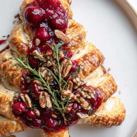 Warm Brie en Croûte Pine Tree, a holiday appetizer with flaky pastry adorned with rosemary, ready to serve.
