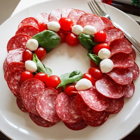A vibrant Folded Salami Wreath, brimming with mozzarella and tomatoes, looks perfect for sharing.