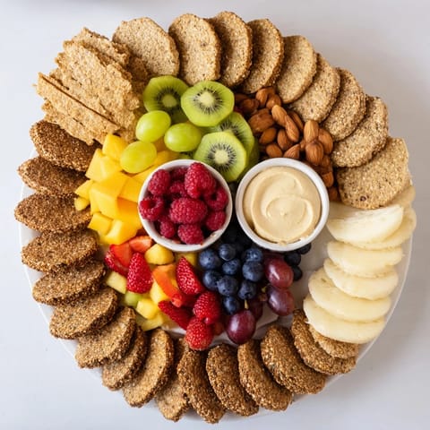 Fresh fruits bursting from the center of this Hidden Oasis, surrounded by crunchy crackers and nuts, ideal appetizer.