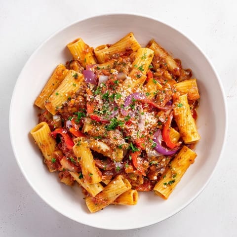 A steaming bowl of one-pot Diavola spicy pasta, showcasing bright red bell peppers and bold Italian flavors.