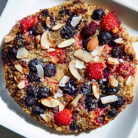 A close-up of a delightful Berry Quinoa Breakfast Bake, showing juicy berries baked to perfection.