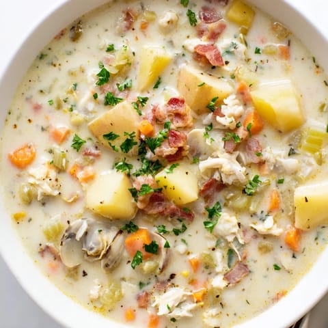 A steaming bowl of comforting New England Clam Chowder, with tender clams and potatoes, perfect for chilly days.