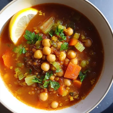 Warm, flavorful North African Harira Soup with lentils, chickpeas, and a hint of lemon.