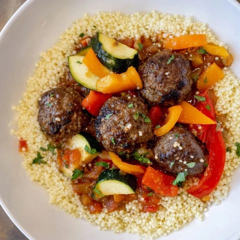 Fluffy couscous topped with savory kefta meatballs: a vibrant taste of North African cuisine.