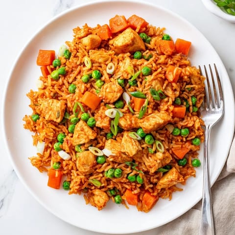 Steaming hot Butter Chicken Fried Rice piled high in a wok, showing tender chicken pieces and fluffy grains tossed with colorful vegetables for a quick weeknight dinner.