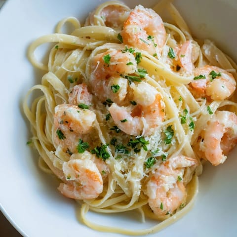 Tender, pink shrimp rest atop steaming Creamy Garlic Shrimp Pasta, with lemon wedges and a sprinkle of red pepper flakes.