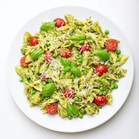 Green Pesto Pasta Salad served on a checkered picnic blanket, garnished with fresh basil leaves and a light drizzle of extra-virgin olive oil.
