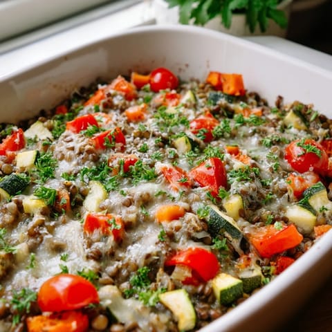 Steam rises from the freshly baked Green Lentil and Vegetable Casserole, showcasing tender carrots, bell peppers, and a garnish of vibrant fresh parsley.