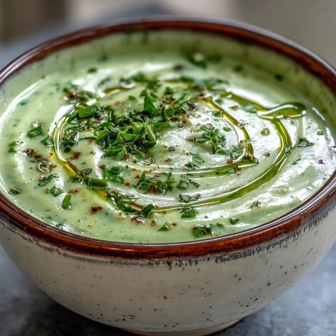 Silky smooth Zucchini Soup with bright green hues, served as a refreshing summer starter in a rustic bowl.