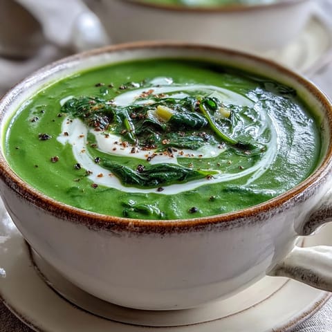 This velvety Spinach Soup is served hot with crusty bread alongside for a comforting, easy vegetarian lunch.