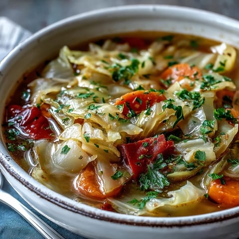 Hearty Cabbage Soup simmering with carrots, celery, and tomatoes in a savory vegetable broth, ready to serve hot.