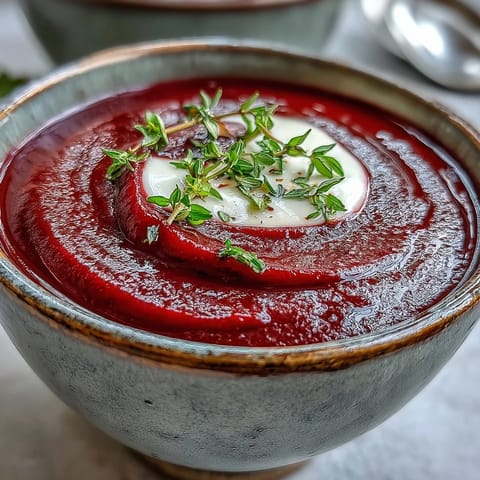 Roasted beet soup topped with pumpkin seeds and chives, served alongside crusty artisan bread and white wine.