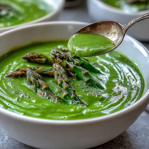 A bowl of velvety Asparagus Soup topped with tender blanched tips and a lemony finish.