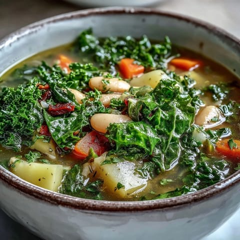 Hearty Kale Soup with tender kale, carrots, and creamy cannellini beans steaming in a rustic bowl.