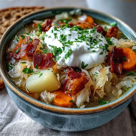 Steaming bowl of tangy Sauerkraut Soup topped with fresh parsley and a dollop of sour cream.