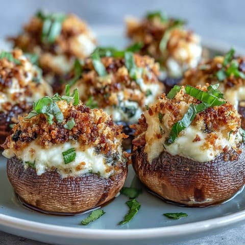 Oven-baked Stuffed Asiago-Basil Mushrooms, ready to serve on a wooden board for appetizers.