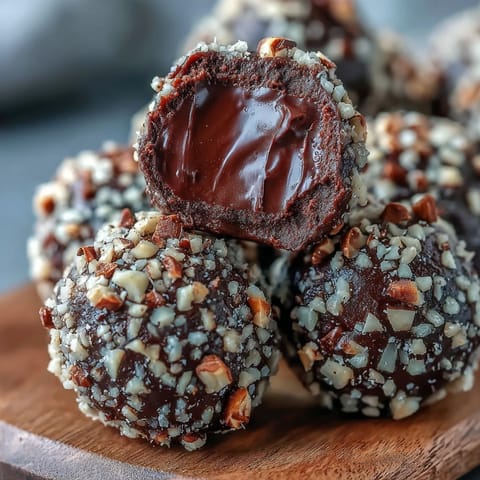 Handmade Chocolate Truffles coated in chopped toasted nuts, displayed on a chilled tray for a party platter.