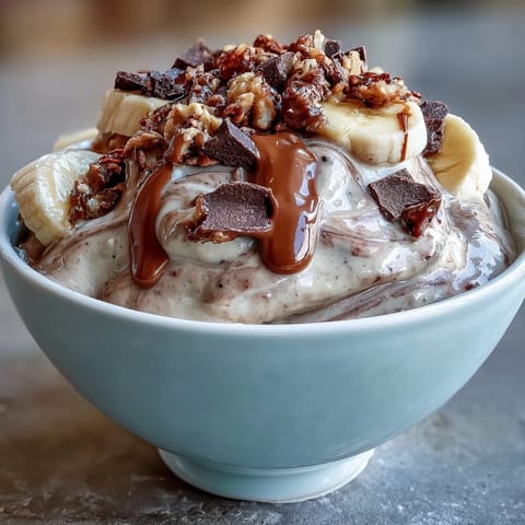 A spoon-ready bowl of chocolate peanut butter smoothie, drizzled with extra peanut butter and served on a marble counter.
