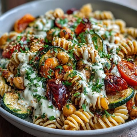 A colorful bowl of Chickpea Pasta with roasted vegetables, drizzled with creamy tahini sauce and sprinkled with fresh parsley.