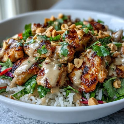 A close-up view shows juicy chicken pieces glistening with Thai-inspired peanut sauce drizzled over a colorful bed of fresh cilantro and shredded veggies.