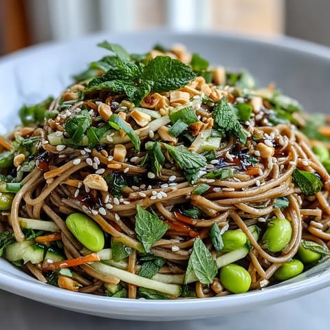 Chilled Soba Noodle Bowl garnished with fresh scallions and toasted sesame seeds, served on a ceramic plate.