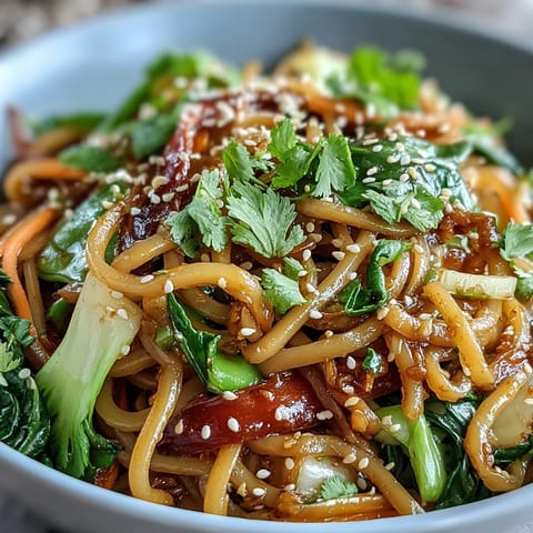 A close-up of a low-carb vegan shirataki noodle bowl topped with toasted sesame seeds and fresh green onions.