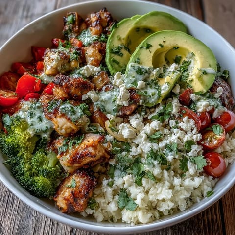 Fresh cherry tomatoes and avocado add color to a hearty cauliflower rice bowl topped with savory chicken and cilantro.