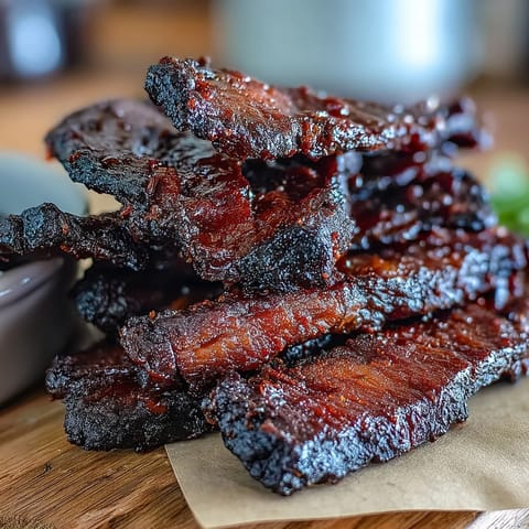 Cherry wood smoked Black Currant Smoky Jerky resting on a cooling rack with rich, dark hues.