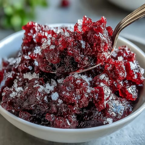 A close-up of Black Currant Granita in a chilled glass, showcasing the bright, deep purple color and sparkling ice crystals, garnished with a fresh mint leaf.  