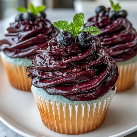 Rich purple Black Currant Frosting swirls on a vanilla cupcake, garnished with fresh berries and a mint leaf.  