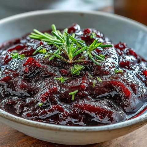 A glossy Black Currant and Rosemary Reduction drizzled over roasted lamb, showcasing its deep, tangy color and aromatic herb notes.