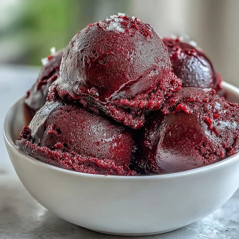 Lush Black Currant Sorbet is garnished with fresh mint and a drizzle of honey, served in a rustic white bowl.