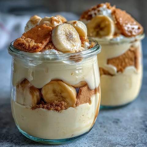 Healthy Protein Banana Pudding served in a dessert cup, topped with crumbled cookies and ripe banana.
