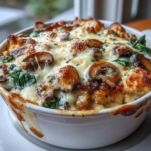 Golden bubbly cheese topping on Chicken Spinach & Mushroom Low Carb Oven Dish, baked with spinach and mushrooms.