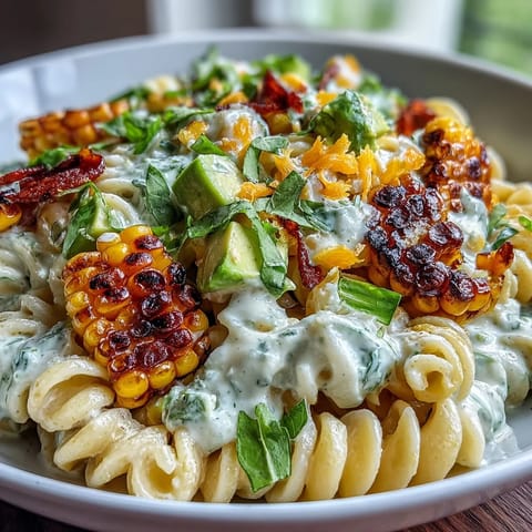 Fresh basil and cilantro garnish this Creamy Street Corn Pasta Salad, with spicy cheddar and cotija cheese mixed throughout.