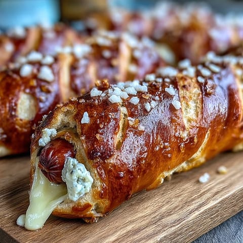 Close-up view of Soft Baked Cheesy Pretzel Dogs, featuring soft pretzel dough wrapped around hot dogs and gooey, melted cheddar cheese, ready to be dipped.
