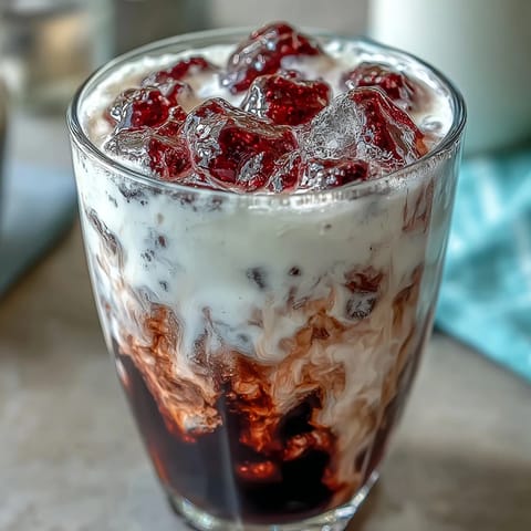 Midnight Malibu Dirty Soda is layered with blackberry syrup swirls in a tall glass over ice.