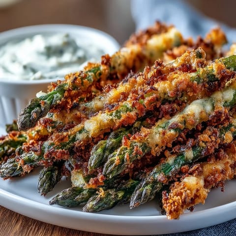 Crispy Chili-Garlic Asparagus Fries baked with a crunchy panko and Asiago coating, served hot from the oven with vibrant green spears.