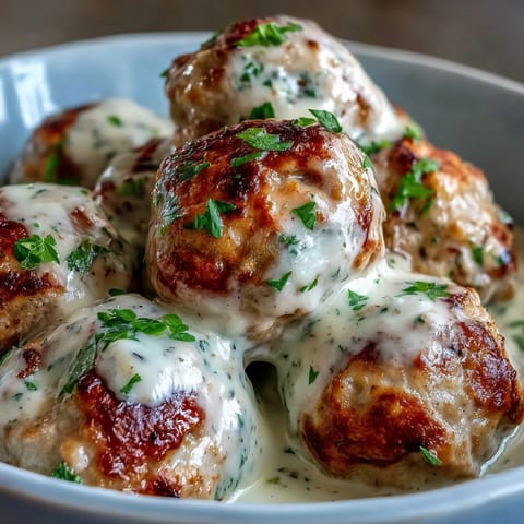 Tender Creamy Garlic Ranch Turkey Meatballs in a skillet, garnished with fresh parsley.