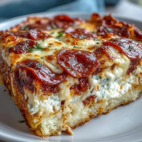 A serving of High-Protein Pizza Breakfast Casserole on a white plate, featuring a slice with eggs, mozzarella, and fresh basil garnish.