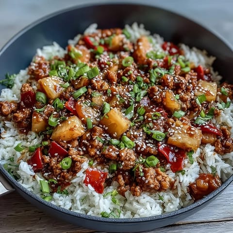 Golden-brown ground turkey and vibrant bell peppers simmer in a sweet-and-sour Korean-inspired sauce with pineapple chunks in a skillet.