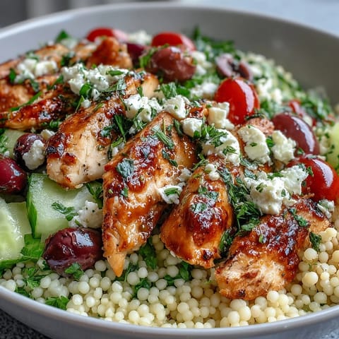 A close-up of a Mediterranean Pearl Couscous Chicken Bowl shows golden couscous, juicy tomatoes, and zesty red wine vinaigrette dressing.